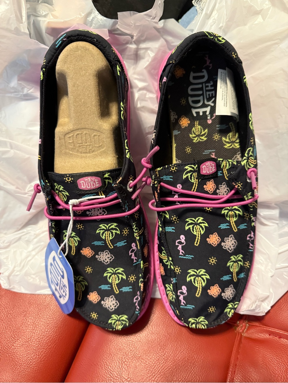 Hey Dude Women Black Slip-Ons with Pink Laces and Tropical Print NWT Size 9